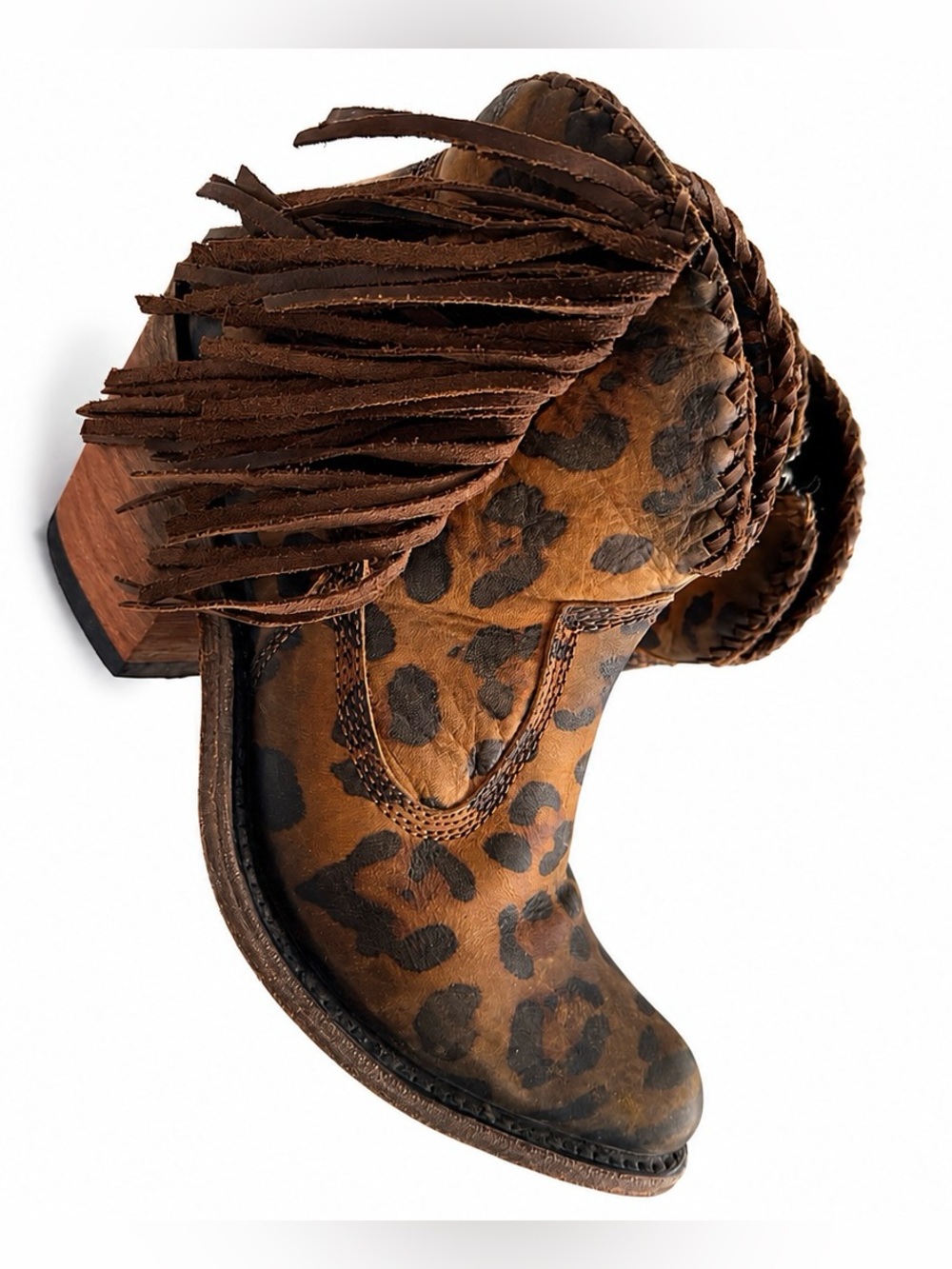 Liberty Black Chloe Chita Miel Fringe Leopard Booties Sz 8 Dust Bag $280 - Picture 6 of 16
